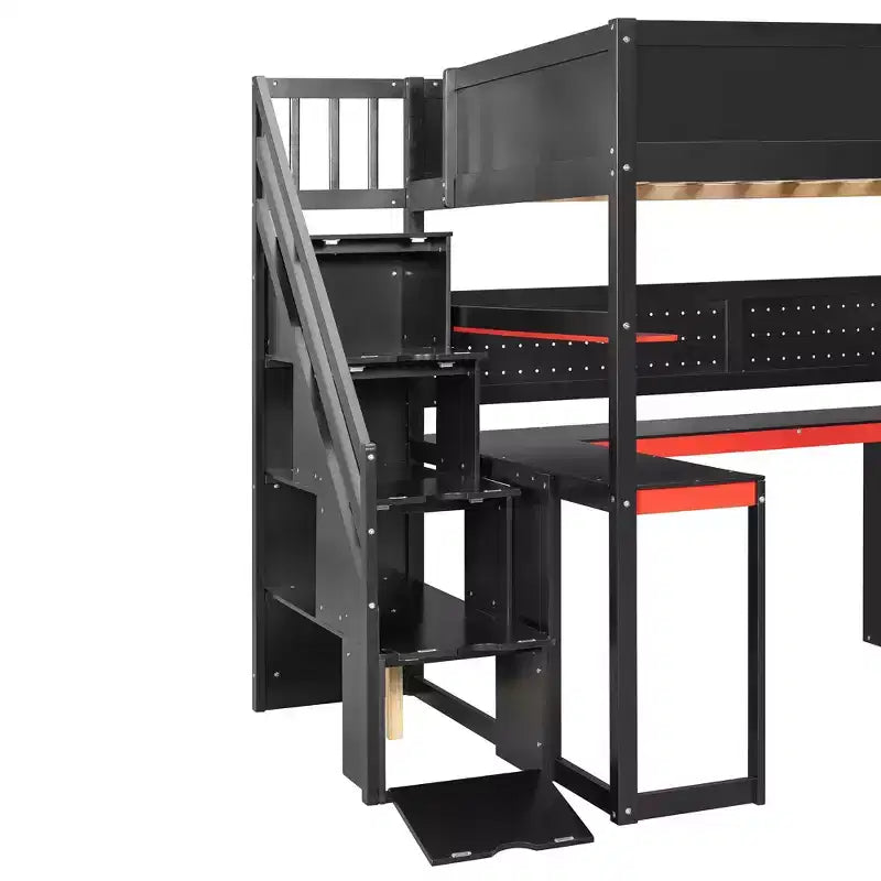Letto a soppalco moderno a una piazza e mezza con scale contenitore, scrivania a U, cassetti e pannello forato