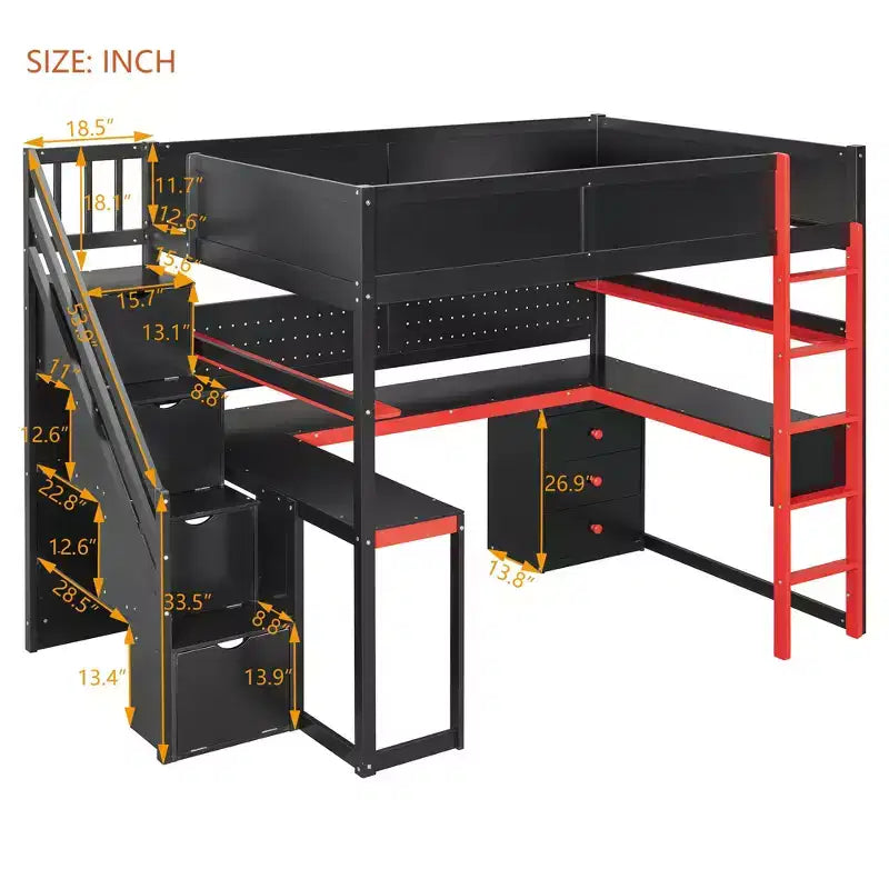 Letto a soppalco moderno a una piazza e mezza con scale contenitore, scrivania a U, cassetti e pannello forato