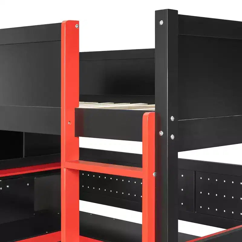 Letto a soppalco moderno a una piazza e mezza con scale contenitore, scrivania a U, cassetti e pannello forato