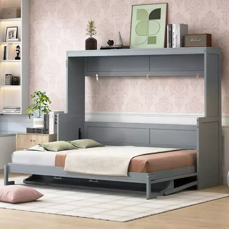 Letto a Scomparsa Moderno a Grandezza Naturale con Sistema di Sollevamento Idraulico e Scrivania Integrata