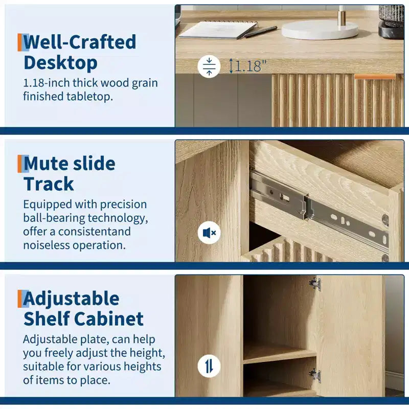 Scrivania direzionale da 152 cm con contenitore, scrivania moderna per ufficio domestico con cassetto e armadietto, scrivania per computer in legno scanalato, workstation, tavolo da conferenza