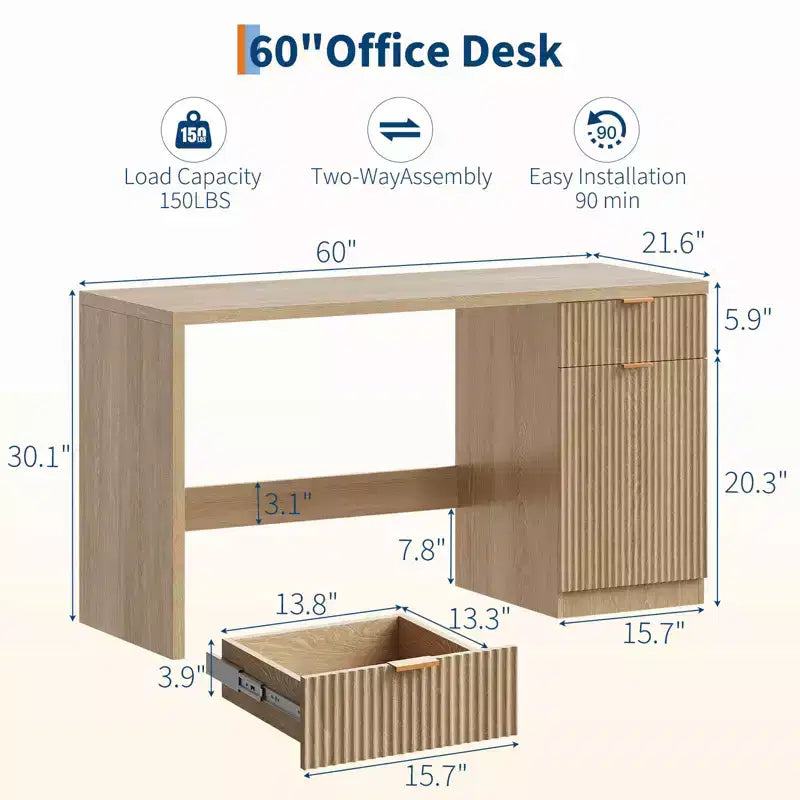 Scrivania direzionale da 152 cm con contenitore, scrivania moderna per ufficio domestico con cassetto e armadietto, scrivania per computer in legno scanalato, workstation, tavolo da conferenza