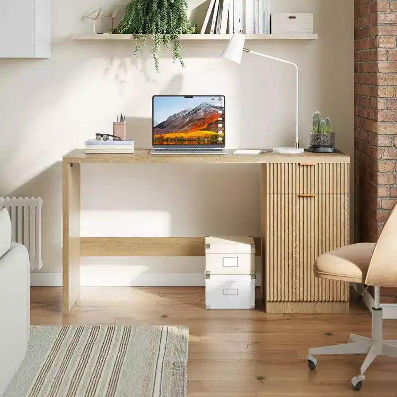 Scrivania direzionale da 152 cm con contenitore, scrivania moderna per ufficio domestico con cassetto e armadietto, scrivania per computer in legno scanalato, workstation, tavolo da conferenza
