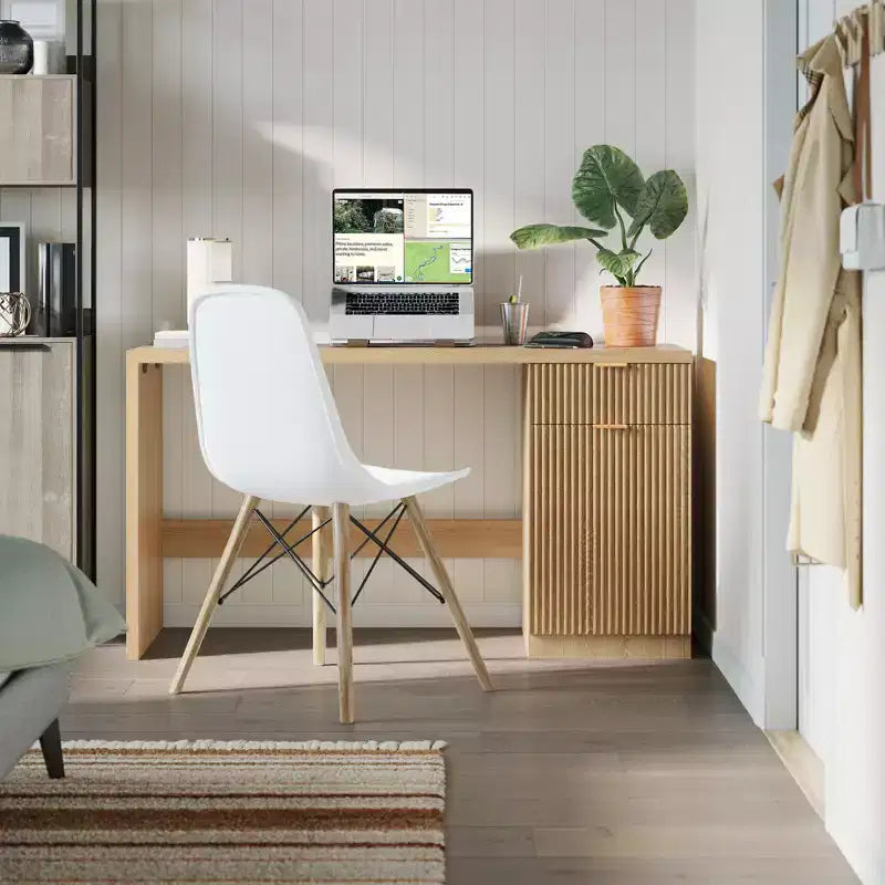 Scrivania direzionale da 152 cm con contenitore, scrivania moderna per ufficio domestico con cassetto e armadietto, scrivania per computer in legno scanalato, workstation, tavolo da conferenza