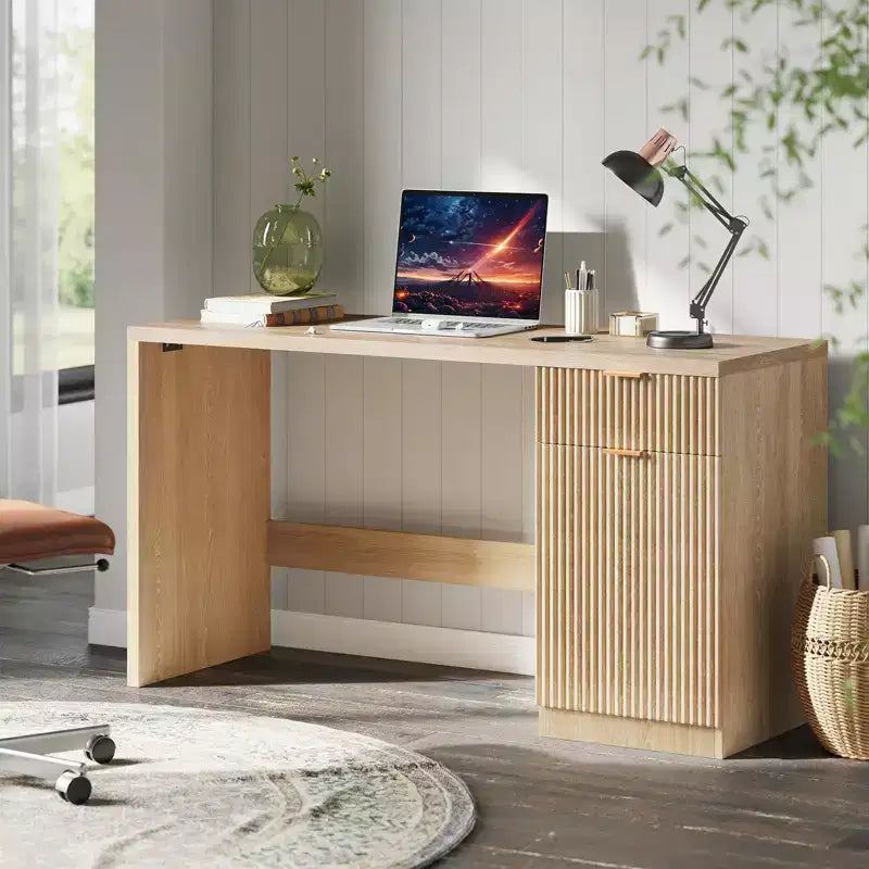 Scrivania direzionale da 152 cm con contenitore, scrivania moderna per ufficio domestico con cassetto e armadietto, scrivania per computer in legno scanalato, workstation, tavolo da conferenza