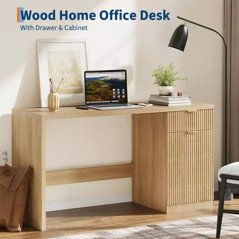 Scrivania direzionale da 152 cm con contenitore, scrivania moderna per ufficio domestico con cassetto e armadietto, scrivania per computer in legno scanalato, workstation, tavolo da conferenza