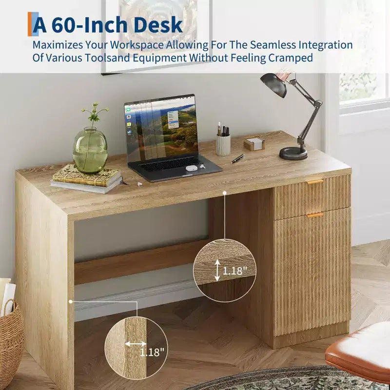 Scrivania direzionale da 152 cm con contenitore, scrivania moderna per ufficio domestico con cassetto e armadietto, scrivania per computer in legno scanalato, workstation, tavolo da conferenza