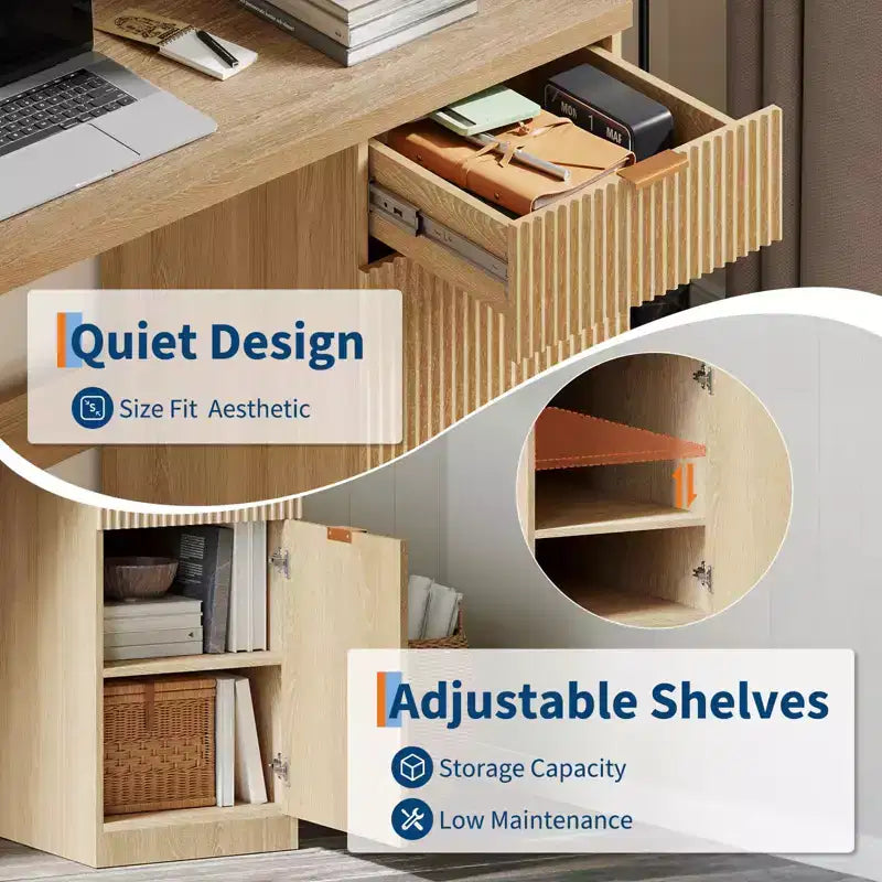 Scrivania direzionale da 152 cm con contenitore, scrivania moderna per ufficio domestico con cassetto e armadietto, scrivania per computer in legno scanalato, workstation, tavolo da conferenza