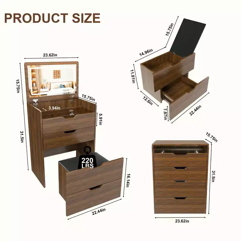 23" Toilette 3 in 1 con specchio illuminato, sgabello e contenitore con coperchio a ribalta, Noce
