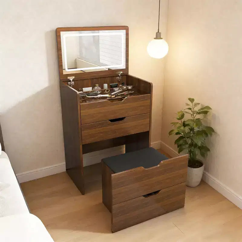 23" Toilette 3 in 1 con specchio illuminato, sgabello e contenitore con coperchio a ribalta, Noce