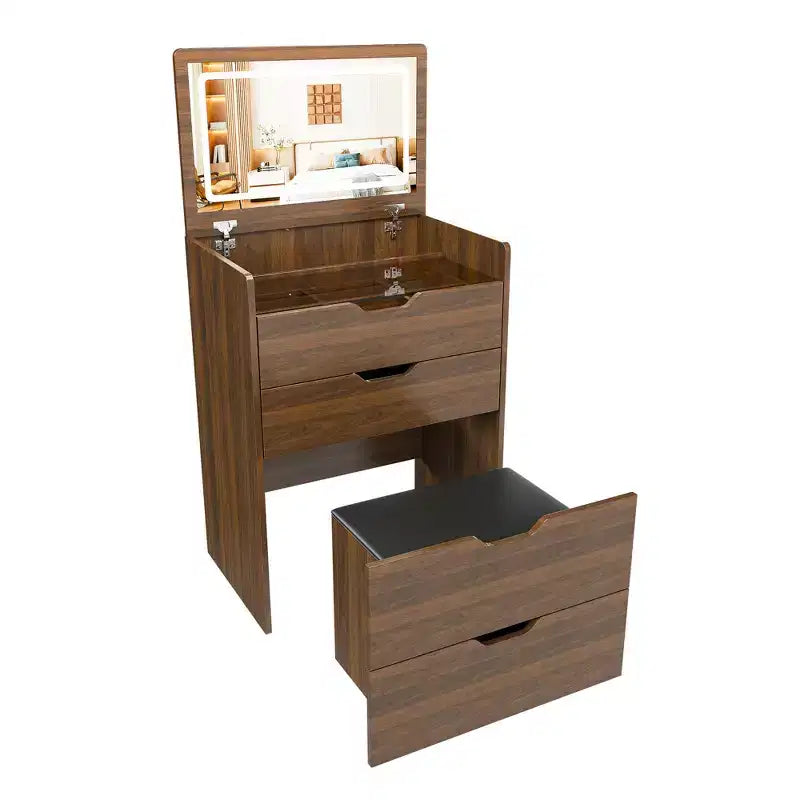 23" Toilette 3 in 1 con specchio illuminato, sgabello e contenitore con coperchio a ribalta, Noce