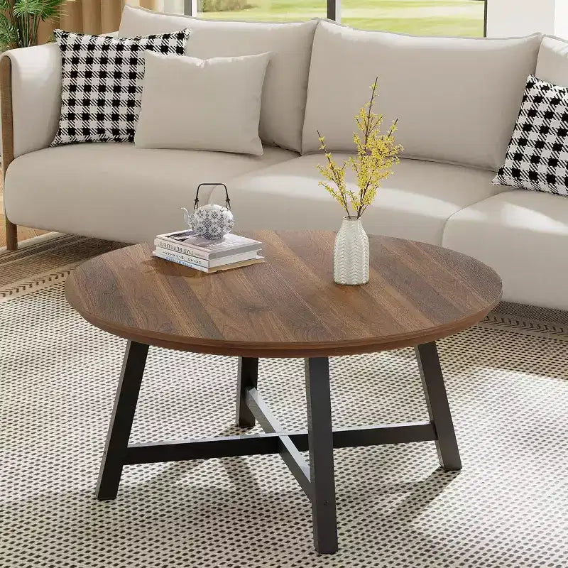 Tavolino rotondo industriale da 36", in legno e metallo per soggiorno o ufficio