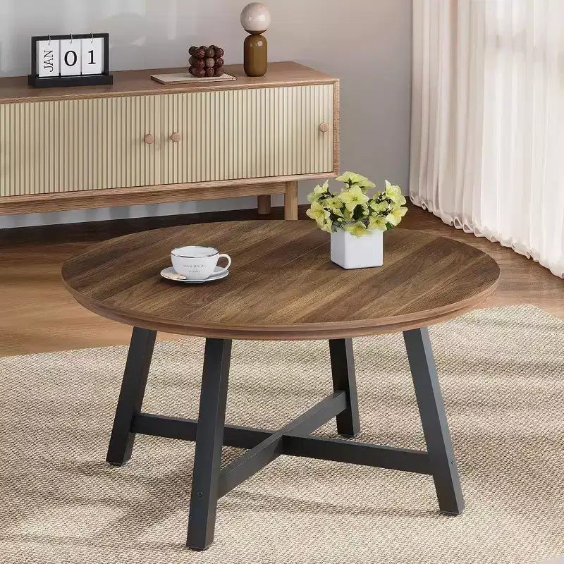 Tavolino rotondo industriale da 36", in legno e metallo per soggiorno o ufficio