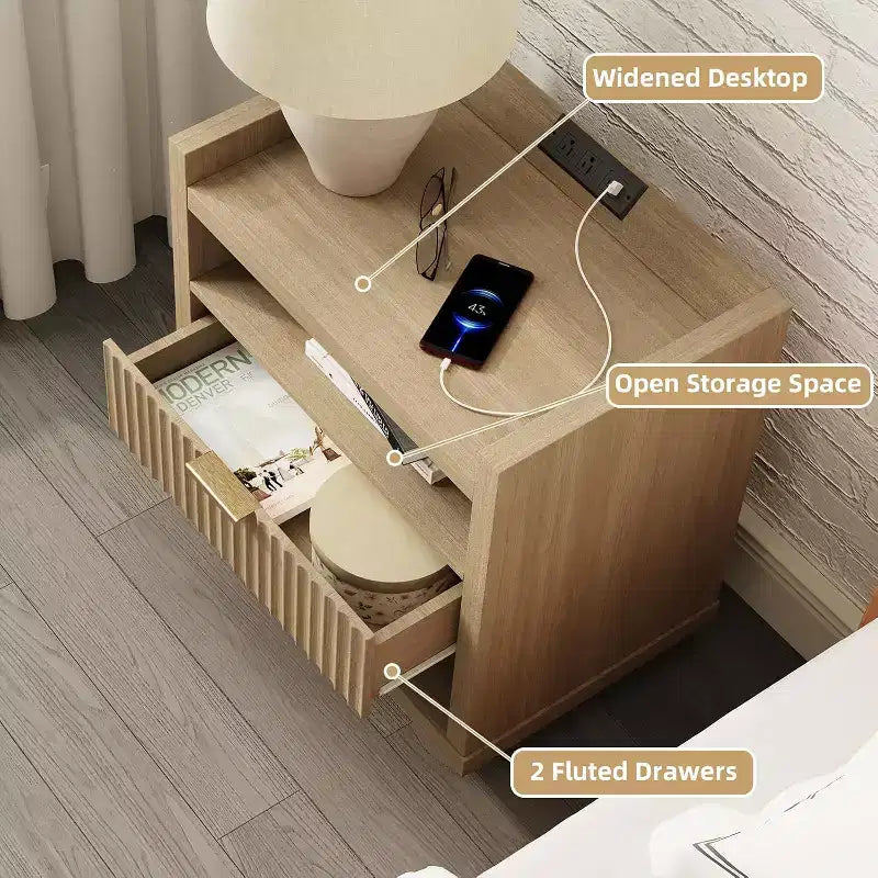 Tavolino da Salotto Moderno in Legno con Stazione di Ricarica, Tavolino Laterale con 1 Cassetto, Porte USB, Comodino, Ampio Spazio di Archiviazione, per Camera da Letto, Soggiorno, Mobile d'Appoggio per la Casa