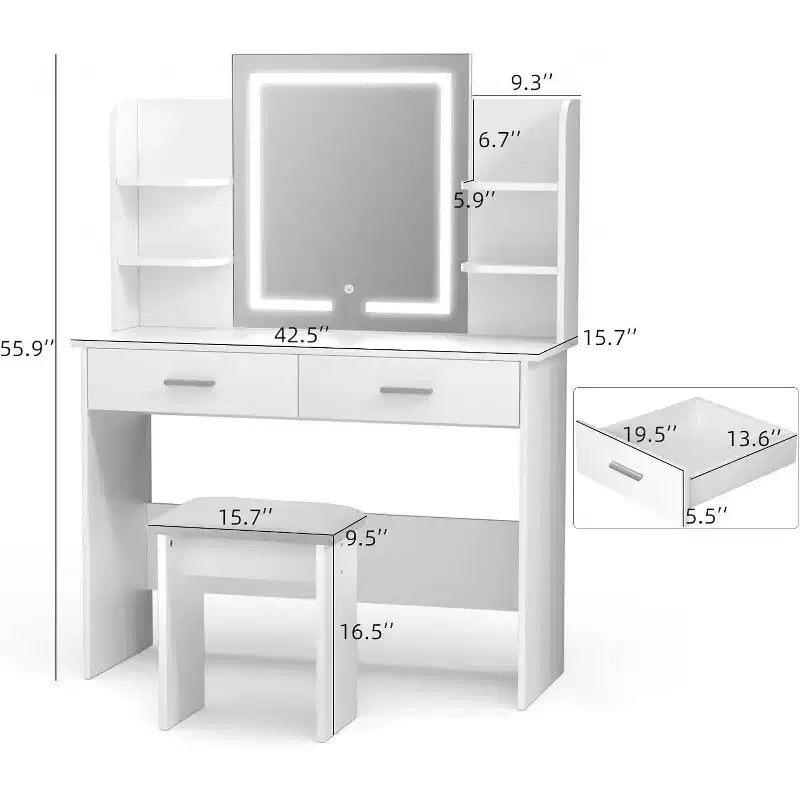 Tavolo da Trucco con Specchio a LED, Luminosità Regolabile, 6 Ripiani e 2 Cassetti
