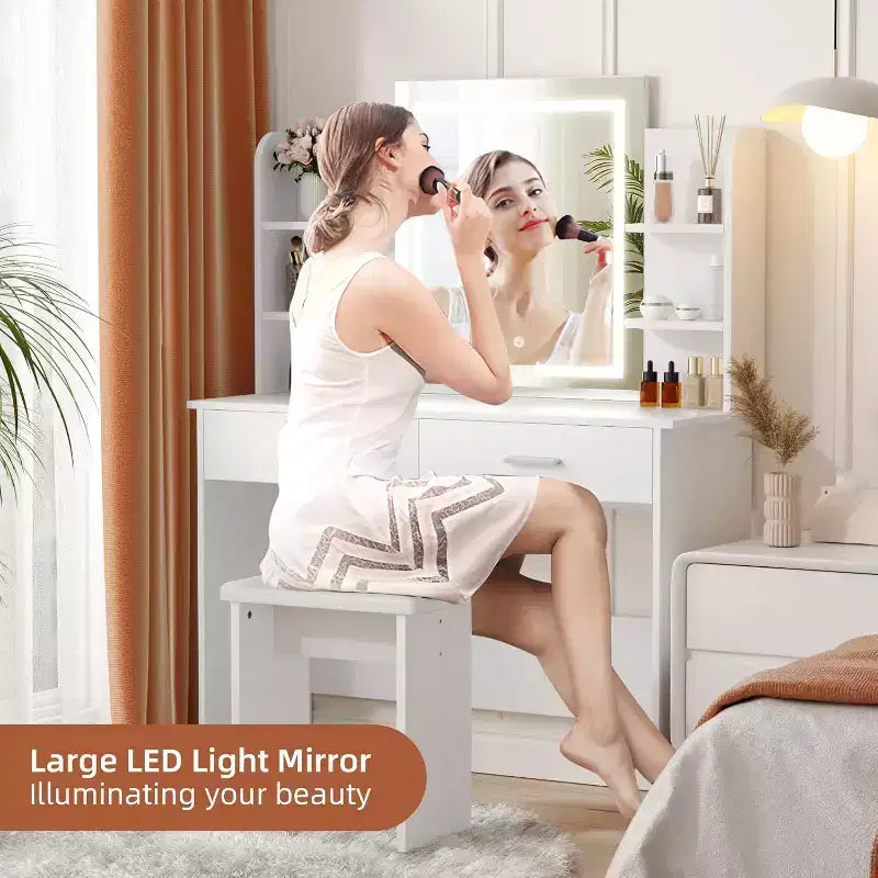 Tavolo da Trucco con Specchio a LED, Luminosità Regolabile, 6 Ripiani e 2 Cassetti