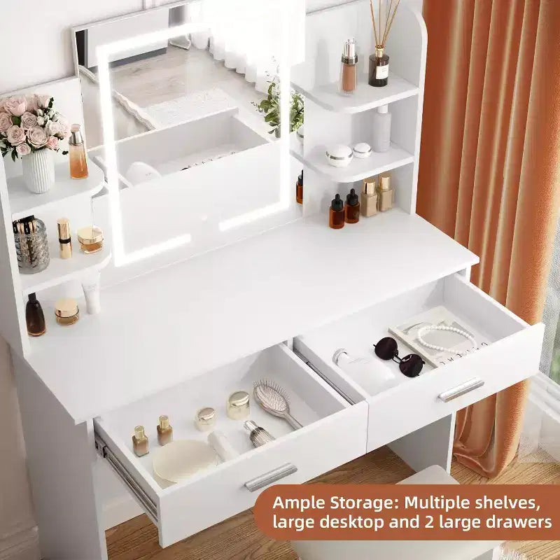 Tavolo da Trucco con Specchio a LED, Luminosità Regolabile, 6 Ripiani e 2 Cassetti