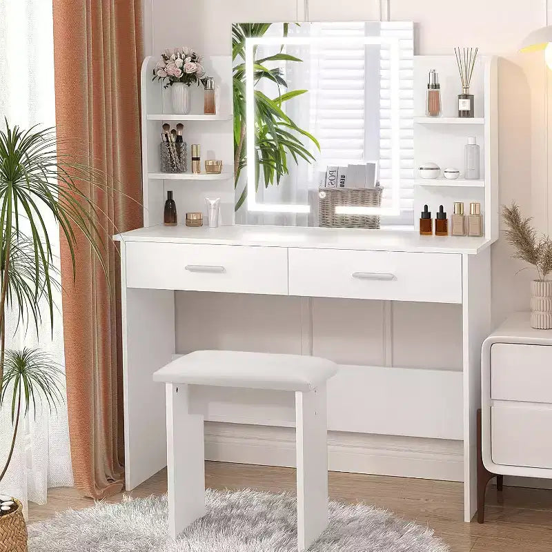 Tavolo da Trucco con Specchio a LED, Luminosità Regolabile, 6 Ripiani e 2 Cassetti