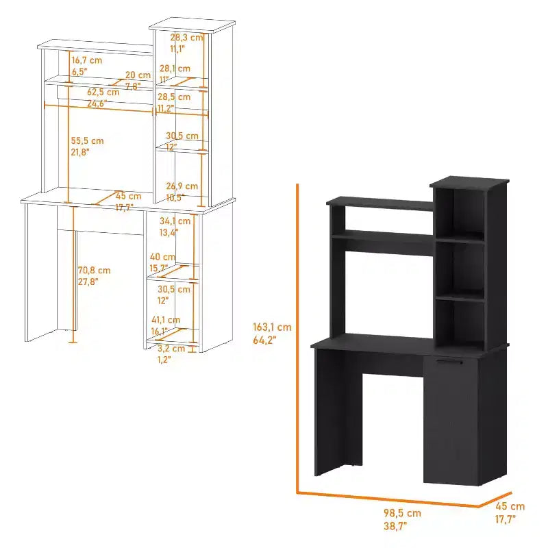 Scrivania da ufficio 98,3 cm con ripiani a 3 livelli, libreria a ponte e ampio mobiletto inferiore