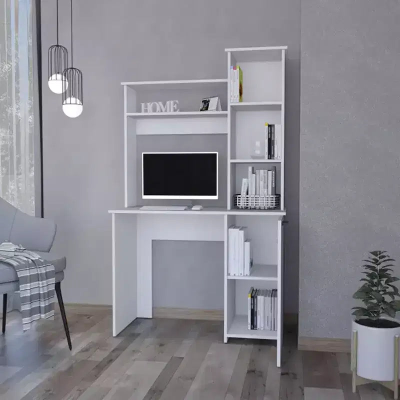 Scrivania da ufficio 98,3 cm con ripiani a 3 livelli, libreria a ponte e ampio mobiletto inferiore