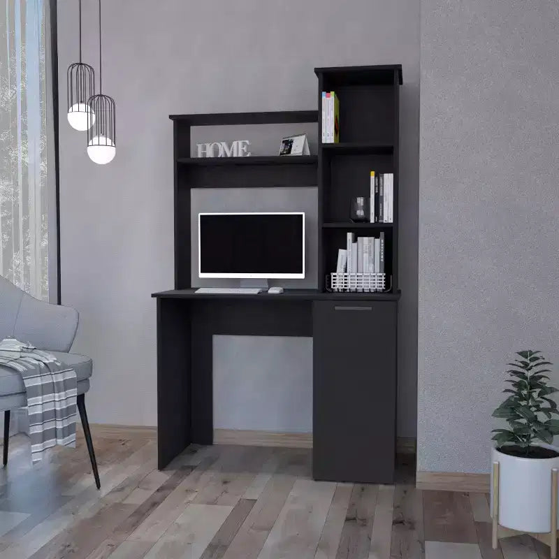 Scrivania da ufficio 98,3 cm con ripiani a 3 livelli, libreria a ponte e ampio mobiletto inferiore
