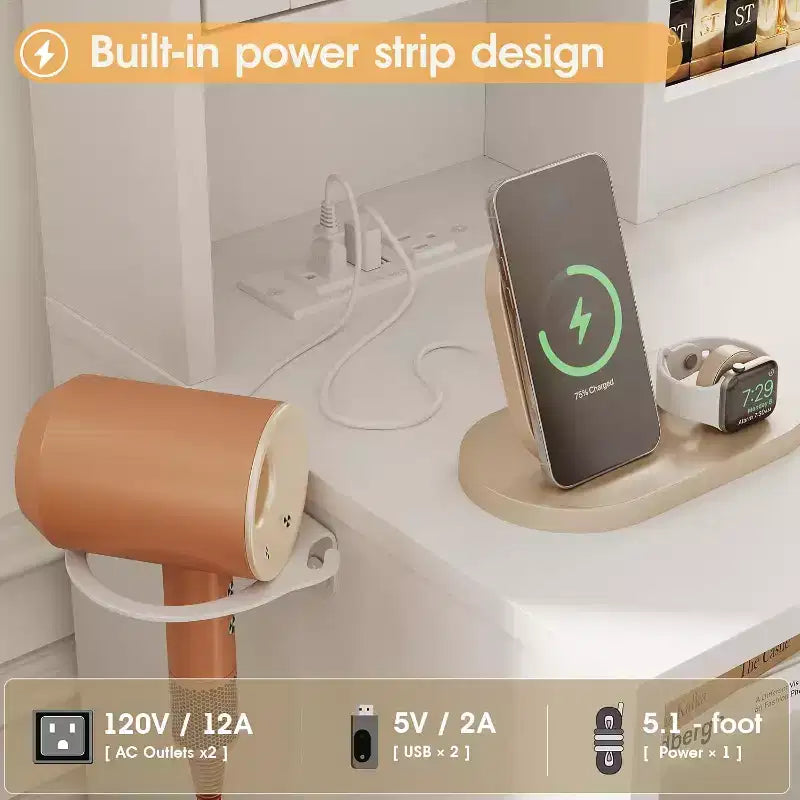Grande Tocletta con Specchio, Sgabello Imbottito, Luci LED, Presa di Corrente e Cassetti