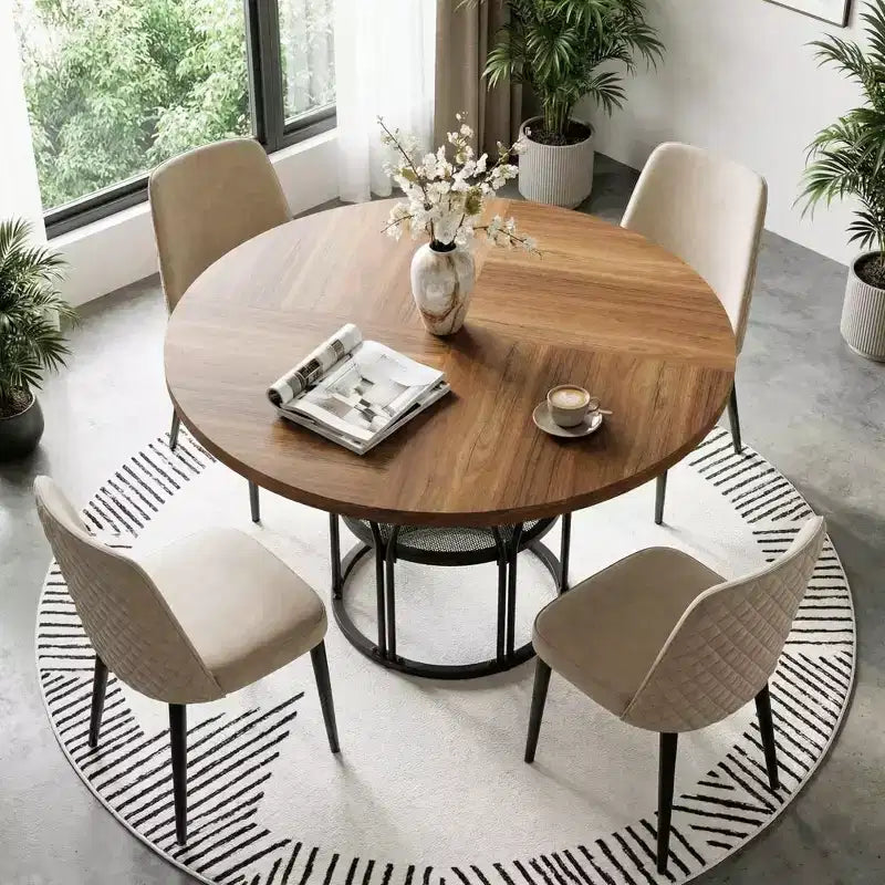 Tavolo rotondo da pranzo per 4-6 persone, Tavolo da cucina circolare da 47 pollici con ripiano portaoggetti e robusta struttura in metallo, Tavolo moderno per cucina, soggiorno, appartamento