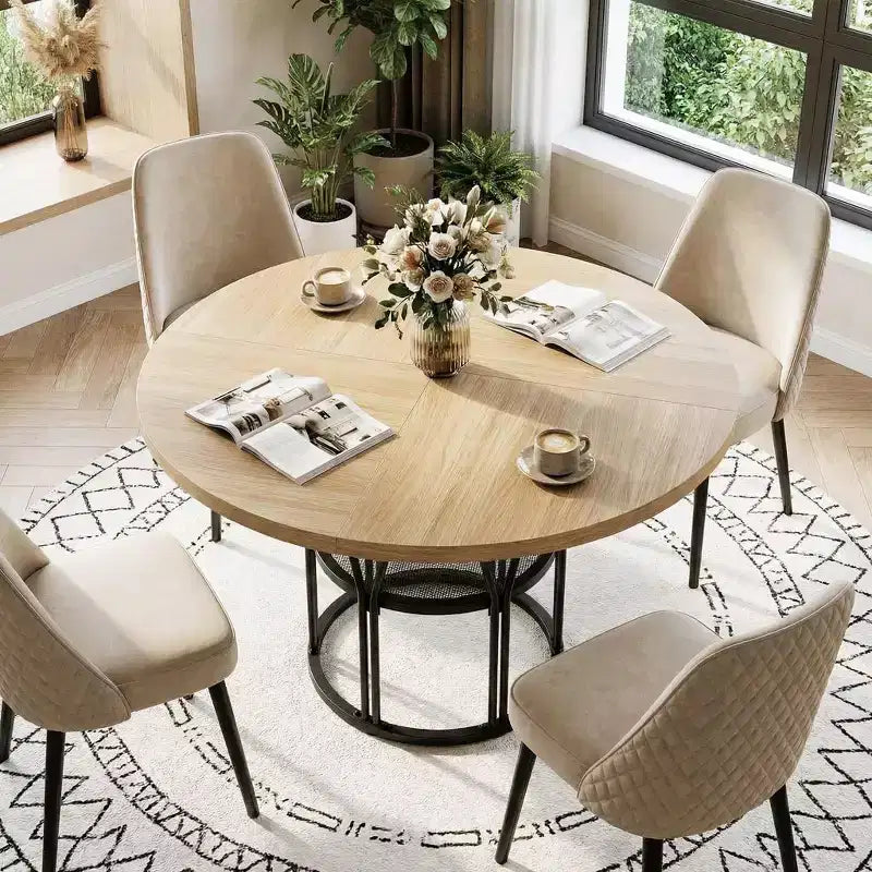Tavolo rotondo da pranzo per 4-6 persone, Tavolo da cucina circolare da 47 pollici con ripiano portaoggetti e robusta struttura in metallo, Tavolo moderno per cucina, soggiorno, appartamento