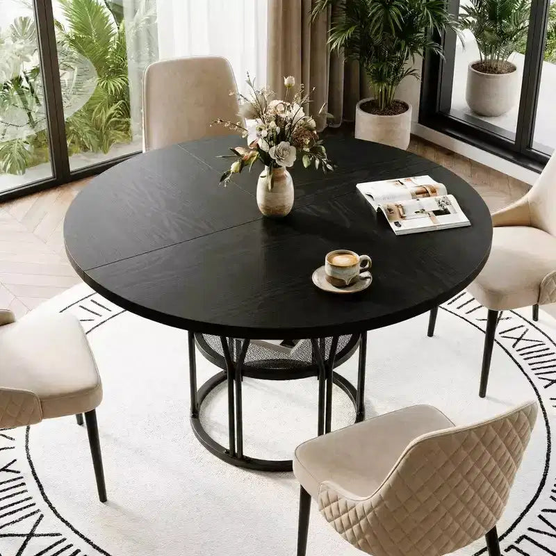 Tavolo rotondo da pranzo per 4-6 persone, Tavolo da cucina circolare da 47 pollici con ripiano portaoggetti e robusta struttura in metallo, Tavolo moderno per cucina, soggiorno, appartamento