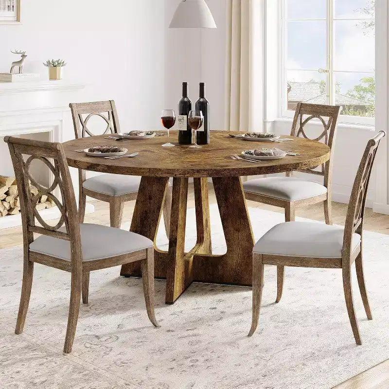 Tavolo da pranzo rotondo rustico da fattoria da 47" per 4-6 persone, finitura in legno retrò