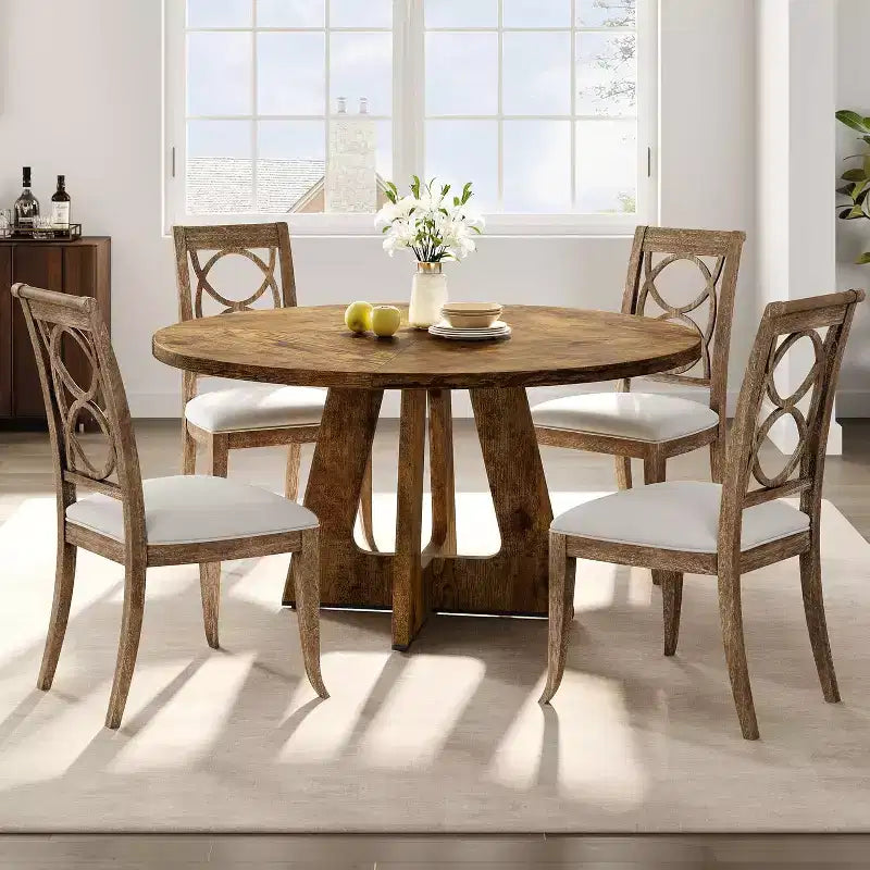 Tavolo da pranzo rotondo rustico da fattoria da 47" per 4-6 persone, finitura in legno retrò