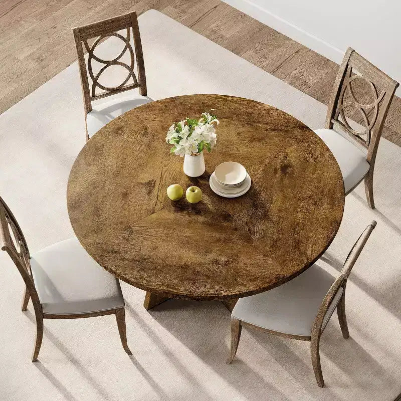 Tavolo da pranzo rotondo rustico da fattoria da 47" per 4-6 persone, finitura in legno retrò