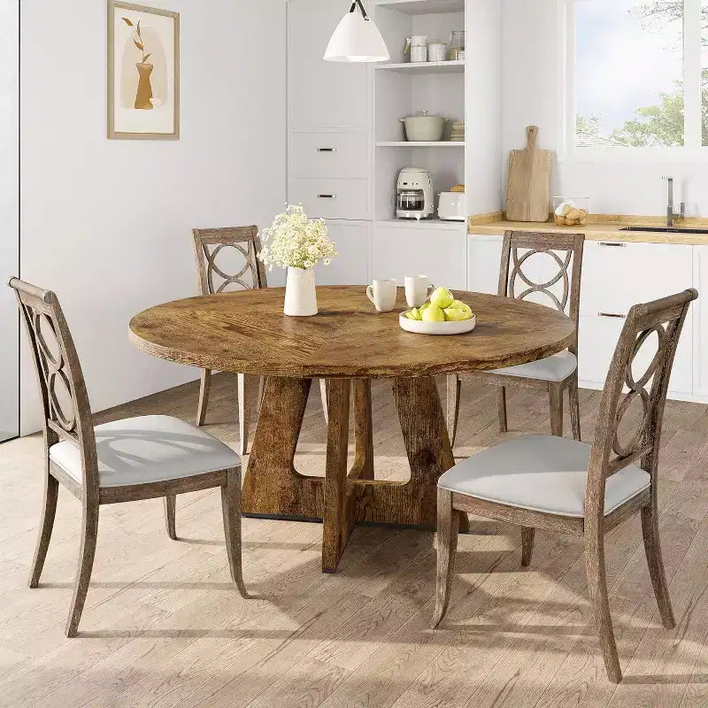 Tavolo da pranzo rotondo rustico da fattoria da 47" per 4-6 persone, finitura in legno retrò