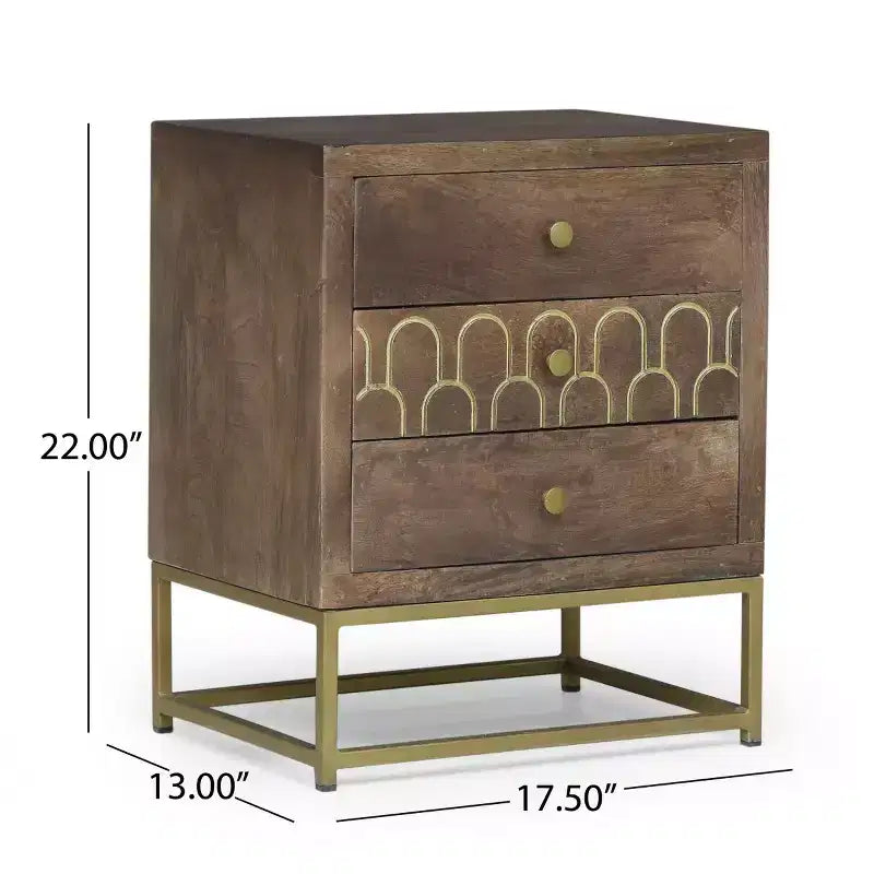 Comodino moderno in legno con base in metallo e tre cassetti portaoggetti