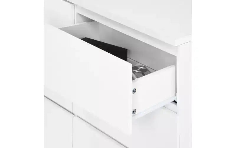 Comò a 9 cassetti senza maniglie, design moderno in legno bianco opaco per camera da letto
