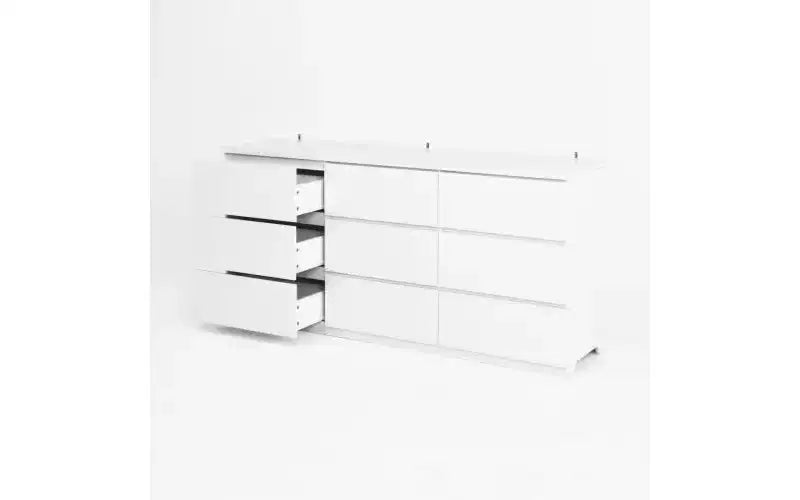 Comò a 9 cassetti senza maniglie, design moderno in legno bianco opaco per camera da letto