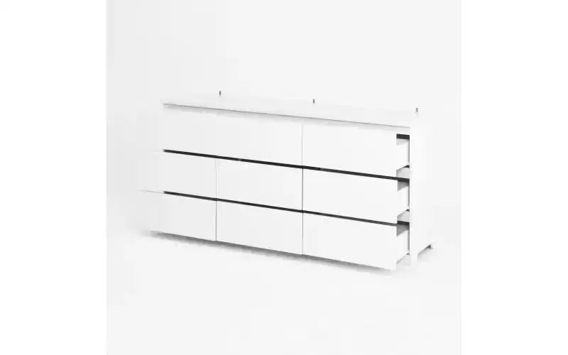 Comò a 9 cassetti senza maniglie, design moderno in legno bianco opaco per camera da letto