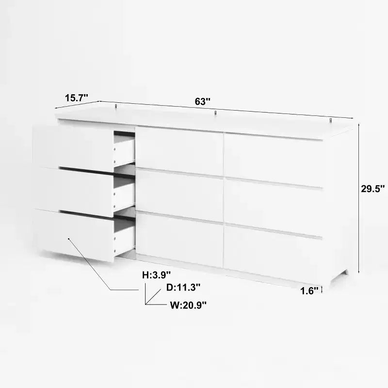 Comò a 9 cassetti senza maniglie, design moderno in legno bianco opaco per camera da letto