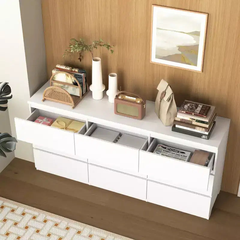 Comò a 9 cassetti senza maniglie, design moderno in legno bianco opaco per camera da letto