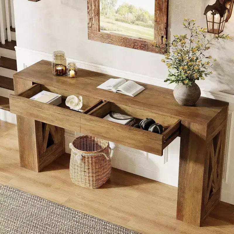 Consolle da ingresso rustica da 160 cm con 2 cassetti e gambe a X, marrone caldo