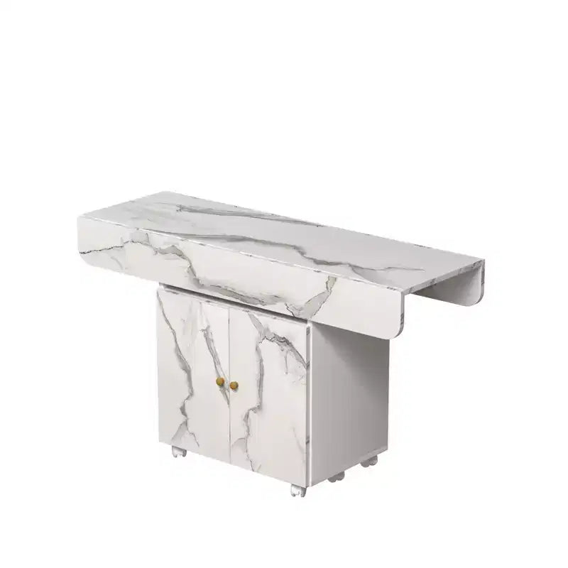Tavolo da pranzo pieghevole a scomparsa da 47" con mobiletto contenitore, 6 ruote, motivo marmo