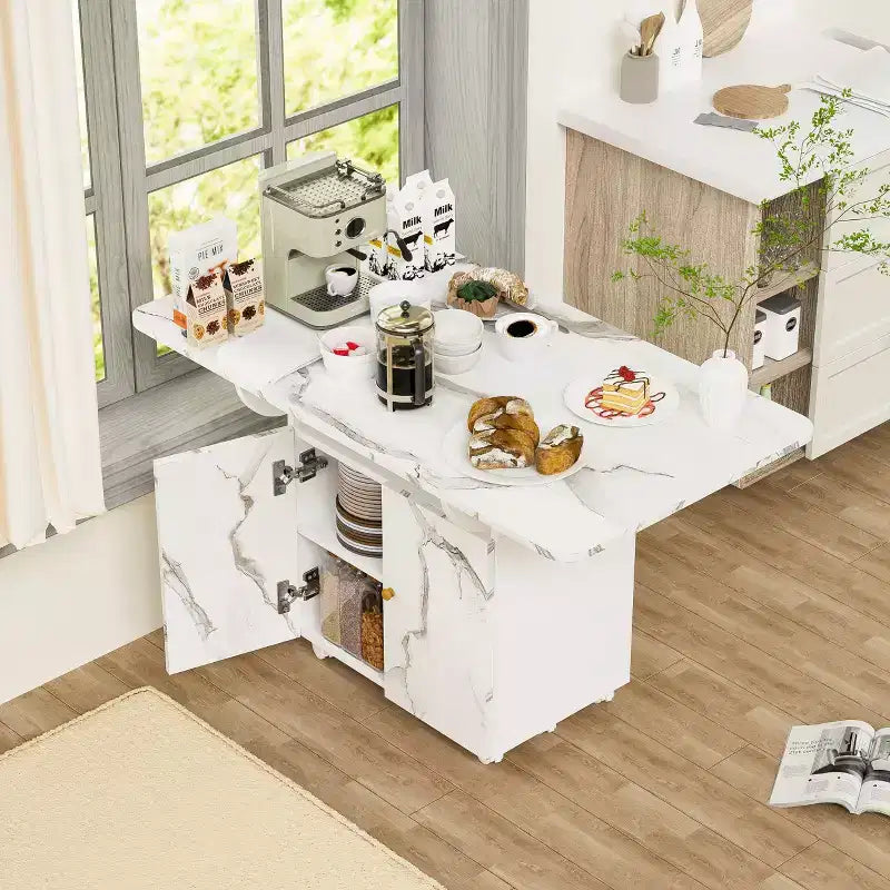 Tavolo da pranzo pieghevole a scomparsa da 47" con mobiletto contenitore, 6 ruote, motivo marmo