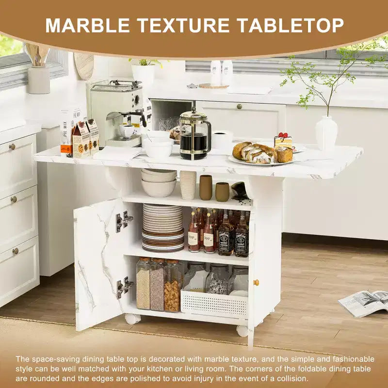 Tavolo da pranzo pieghevole a scomparsa da 47" con mobiletto contenitore, 6 ruote, motivo marmo