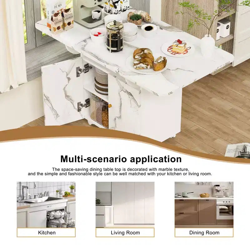 Tavolo da pranzo pieghevole a scomparsa da 47" con mobiletto contenitore, 6 ruote, motivo marmo