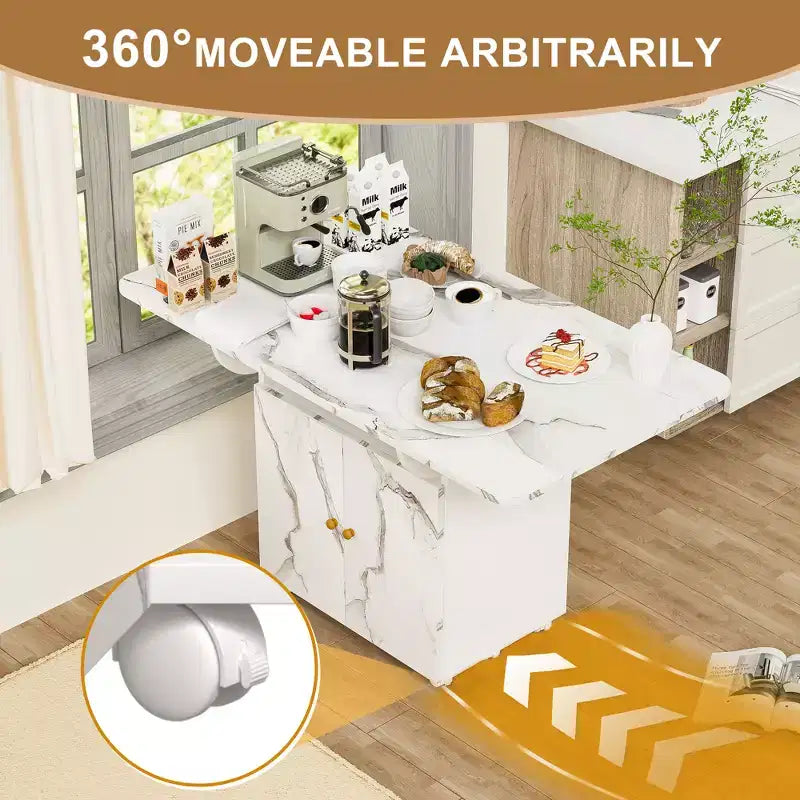 Tavolo da pranzo pieghevole a scomparsa da 47" con mobiletto contenitore, 6 ruote, motivo marmo