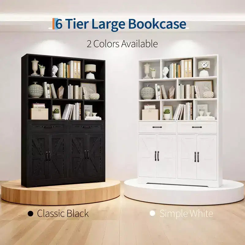 Libreria alta 180 cm con 2 cassetti e 4 ante, libreria moderna grande da 120 cm a 6 ripiani e armadio porta libri con ripiani per il soggiorno di casa