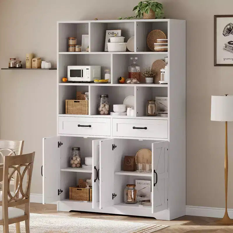Libreria alta 180 cm con 2 cassetti e 4 ante, libreria moderna grande da 120 cm a 6 ripiani e armadio porta libri con ripiani per il soggiorno di casa