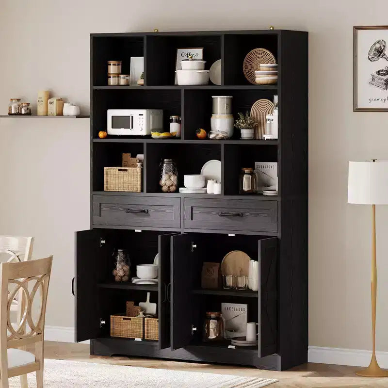 Libreria alta 180 cm con 2 cassetti e 4 ante, libreria moderna grande da 120 cm a 6 ripiani e armadio porta libri con ripiani per il soggiorno di casa