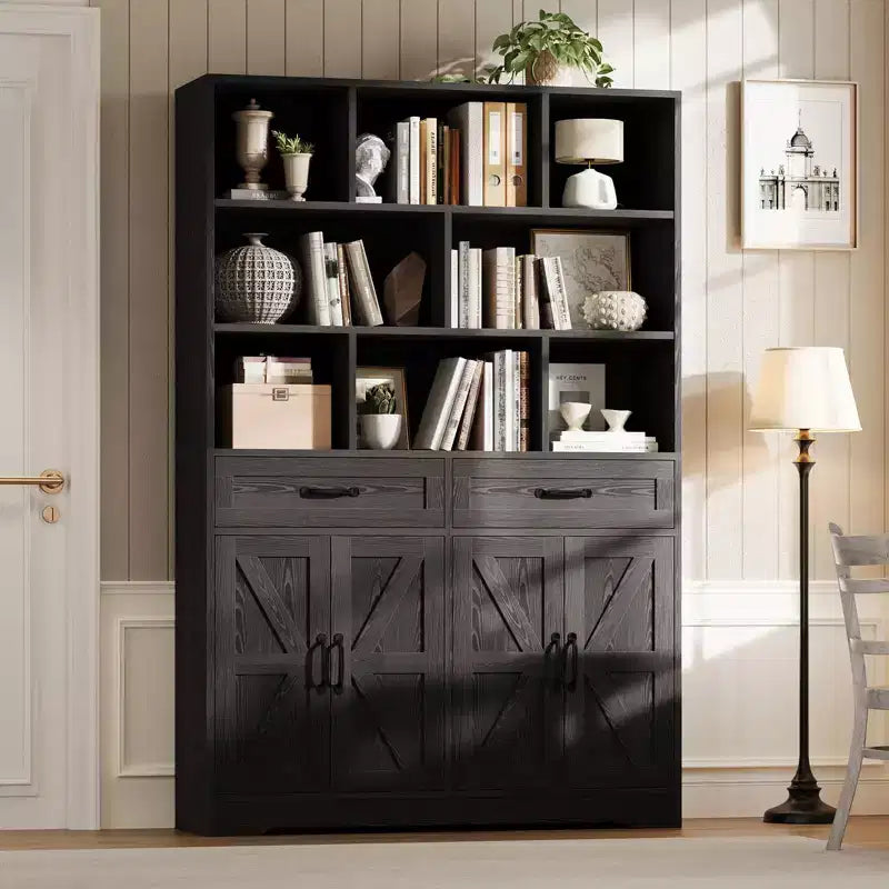 Libreria alta 180 cm con 2 cassetti e 4 ante, libreria moderna grande da 120 cm a 6 ripiani e armadio porta libri con ripiani per il soggiorno di casa