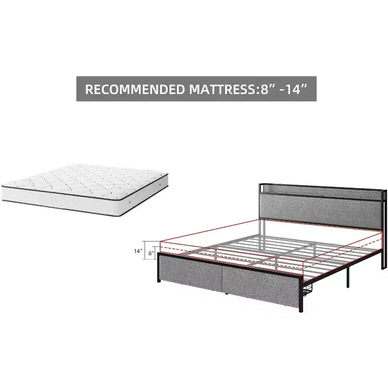 Telaio letto King Size con 2 cassetti portaoggetti, telai letto moderni con testiera a scaffale imbottita, senza rumore, non necessita di rete a molle, grigio